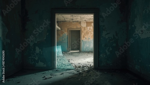 Wallpaper Mural Entryway with broken glass panes reveals a deteriorating interior featuring peeling paint and scattered debris, illustrating neglect Torontodigital.ca