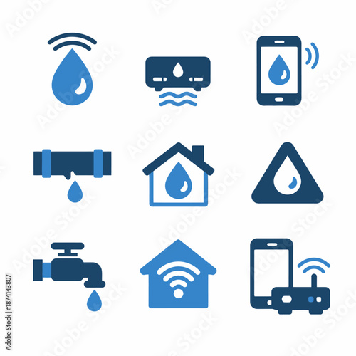 Smart home water management icons for leak detection and monitoring