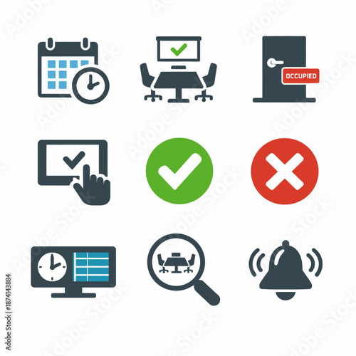 Office room booking icons: calendar, meeting, occupied, check mark, alert, access