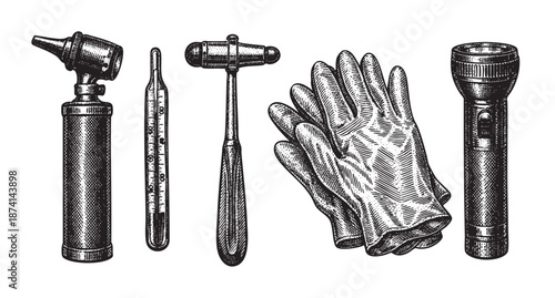 A detailed black and white etching style illustration depicts an otoscope, thermometer, reflex hammer, medical gloves, and flashlight arranged linearly on a white background.