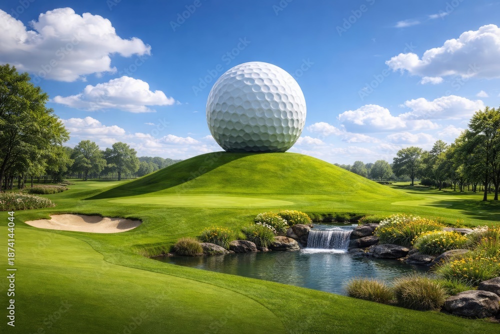 Fototapeta premium Idyllic golf setting with monumental golf ball perched on flourishing green hill under blue sky