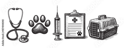 A black and white sketch featuring a collection of veterinary medical icons including a stethoscope, paw print, syringe, clipboard with a cross and paw print, and a pet carrier.