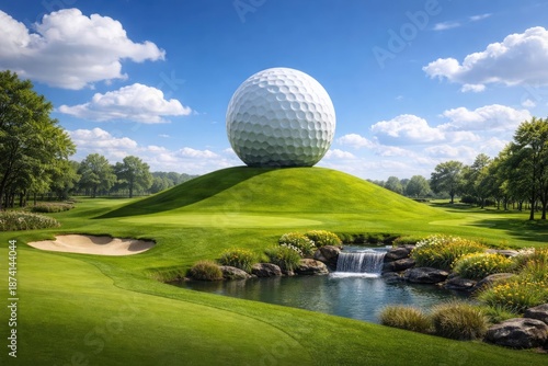 Wallpaper Mural Idyllic golf setting with monumental golf ball perched on flourishing green hill under blue sky Torontodigital.ca