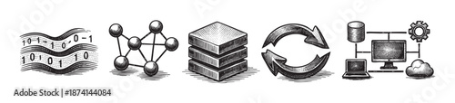 A collection of hand-drawn icons depicting binary code, network nodes, stacked data blocks, recycling arrows, and computer systems connected to a cloud for data storage and processing.