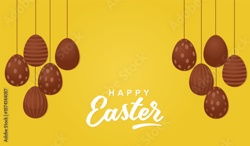 Happy Easter greeting card with chocolate easter egg hanging on yellow background