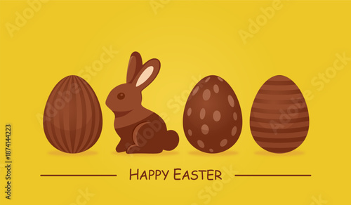Happy Easter greeting card with chocolate easter eggs and easter rabbit vector illustration