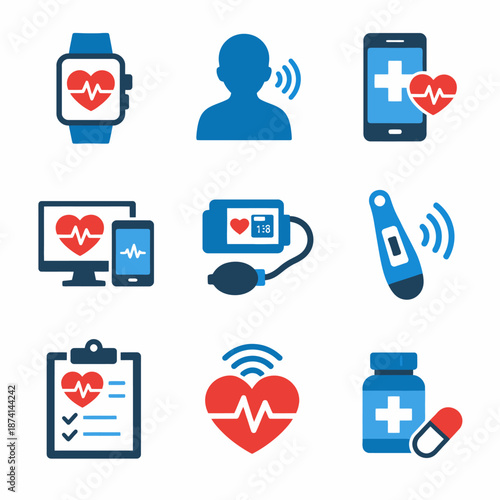 Icon set of modern health monitoring devices and apps for wellness and fitness