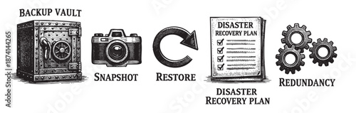 This conceptual illustration depicts elements of data backup, snapshot, restore, disaster recovery plan, and redundancy using a vintage woodcut style.