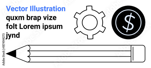 Pencil next to gear and dollar symbol. Represents creativity, problem-solving, and economic growth. Ideal for business planning, education, design, economy, innovation and simple landing page