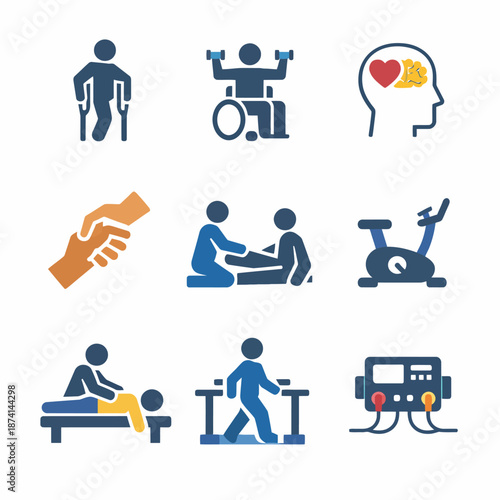 Rehabilitation icons: physical therapy, exercise, mental health, support, equipment