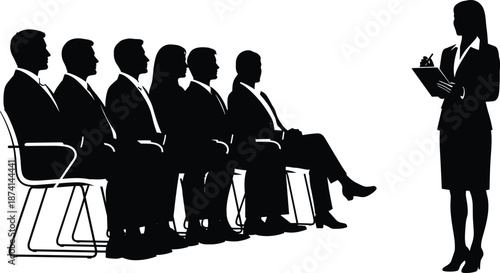 Business presentation silhouette scene with female speaker and seated audience corporate meeting interview training seminar vector illustration isolated