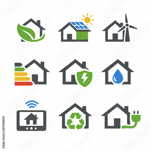 Sustainable home icons: solar, wind, energy efficiency, and recycling symbols