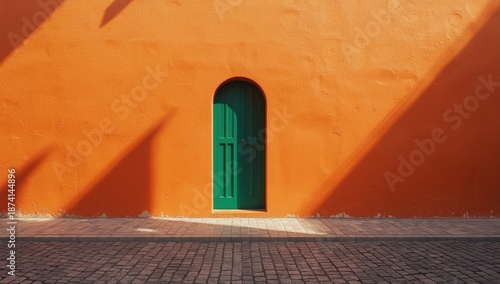Orange-walled building with a green gate in Italy, ideal for use as a colorful layout backdrop