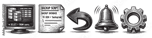 A black and white graphic illustration depicting technology and business elements including a computer screen, backup script, circular arrow, bell, and gear, symbolizing process and data management.