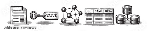 A black and white illustration depicts icons representing data analytics, including a document, key with 'value', network nodes, a table, and databases.