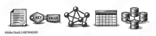 This stylized illustration features five distinct black and white icons representing data concepts: a document, a key-value tag, a network node structure, a grid, and a stacked database.