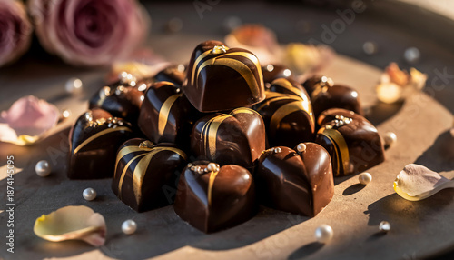 Heart bonbons with rose petals — romantic close-up