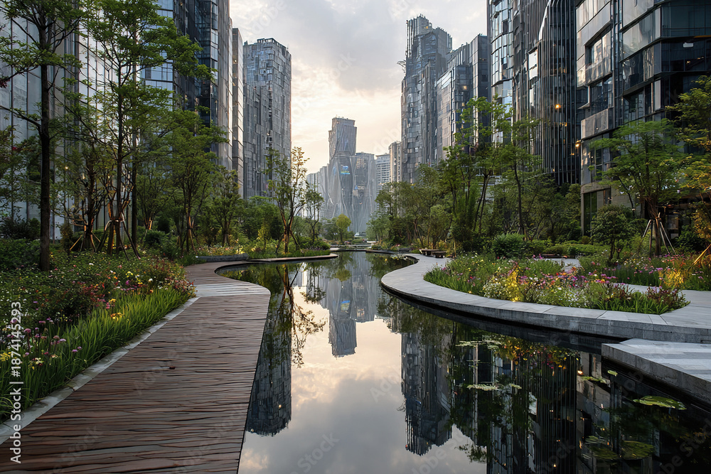 Fototapeta premium Modern urban park with winding water canal, surrounded by futuristic high rise buildings and lush greenery, creating peaceful and reflective atmosphere at sunset