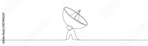 A continuous line drawing of a satellite dish, symbolizing communication, broadcasting, and global connection