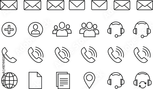 Communication icon set illustration, email phone user support symbols, customer service contact icons, outline style, business interface vector design