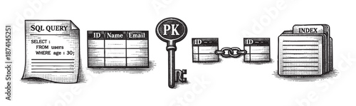 A conceptual illustration depicting database elements like tables, a primary key, linked records, and an SQL query, rendered in a vintage woodcut style.