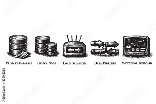 A visual representation of IT infrastructure concepts including primary database, replica node, load balancer, data pipeline, and monitoring dashboard in a stylized hand-drawn design.