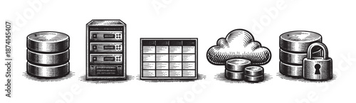 This illustration features a series of vintage engraved style icons representing data storage, servers, cloud computing, and security concepts.