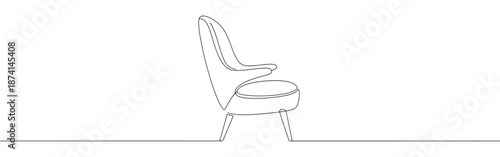 A continuous line drawing of a modern armchair seen from the side, emphasizing its sleek and contemporary design