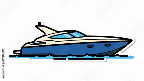 Stylized blue and cream luxury yacht glides on choppy water with clear sky