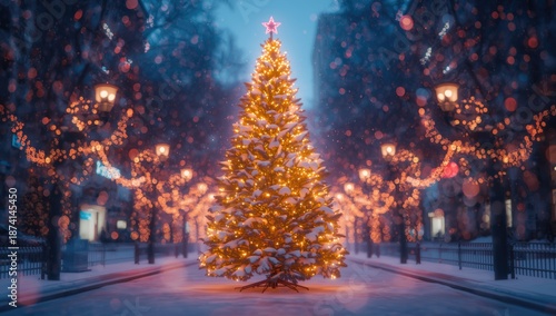 Out of focus vibrant Christmas tree with lights, used as seasonal decor backdrop