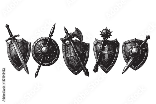 A collection of intricately drawn medieval weapons including swords, axes, maces, and spears are displayed with shields on a white background, evoking a sense of historical combat and fantasy adventur