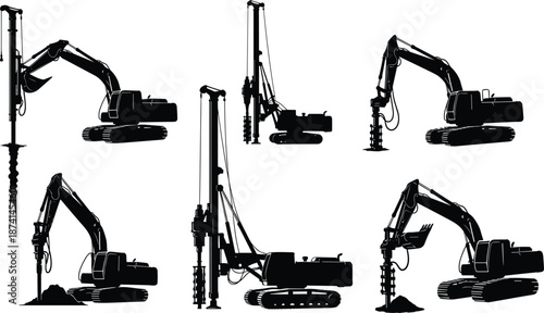 Construction drilling rig and excavator silhouettes set heavy foundation machinery equipment isolated black vector illustration engineering industry worksite