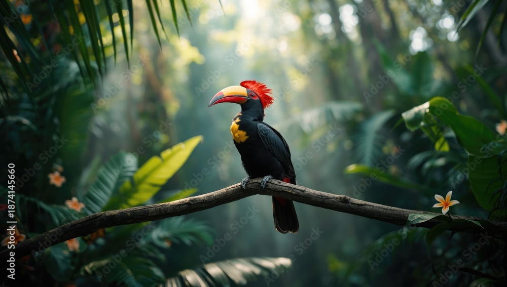 Obraz premium Male Bar-pouched Wreathed Hornbill with vibrant plumage in forest environment, highlighting biodiversity significance