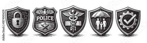 A collection of five stylized shields representing different aspects of security, protection, and safety, including digital security, law enforcement, healthcare, family, and industrial safety.