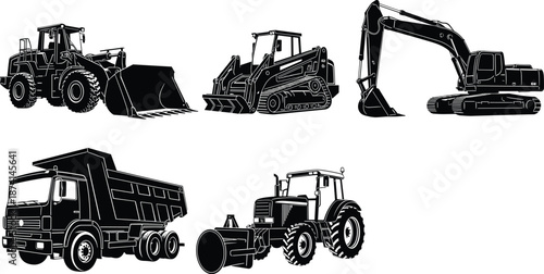 Construction machinery vehicle silhouettes set including excavator bulldozer tractor dump truck heavy equipment vector illustration isolated