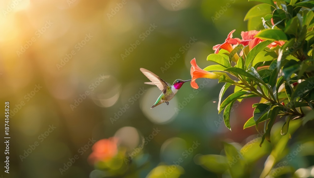 Fototapeta premium Small Caribbean island scene with hummingbird feeding on tropical blossoms, highlighting biodiversity