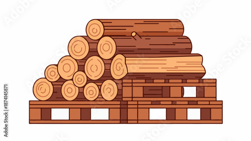 Stacked logs on wooden pallets, illustrated with warm earthy tones