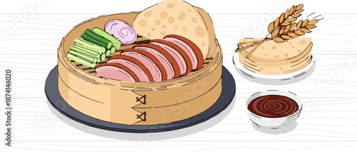 Sliced roasted duck with pancakes, scallions, cucumbers, and dipping sauce on a wooden surface