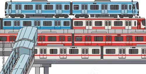 Stacked train carriages on elevated tracks with a pedestrian walkway