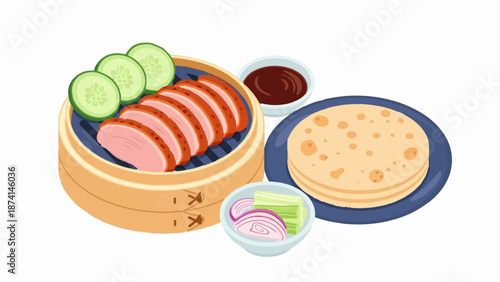 Sliced roasted duck, crisp cucumber, red onion, and pancakes with sauce