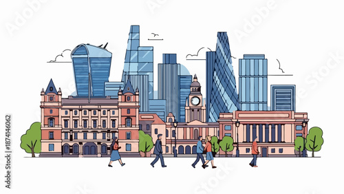 Stylized cityscape features modern skyscrapers and historic buildings with people walking
