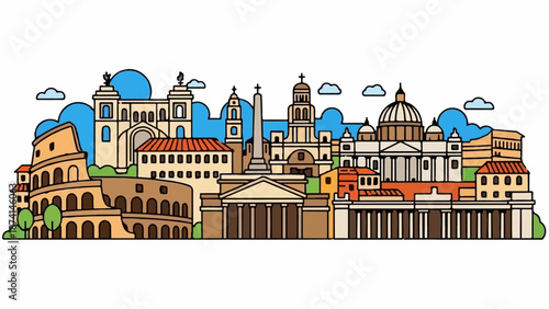 Stylized cityscape featuring ancient and domed structures with blue sky and clouds