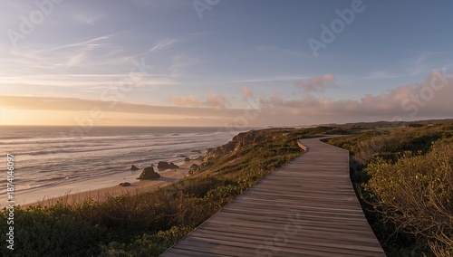 Wallpaper Mural Oceanfront wooden pathway on rocky cliffs during sunrise, highlighting coastal preservation efforts Torontodigital.ca