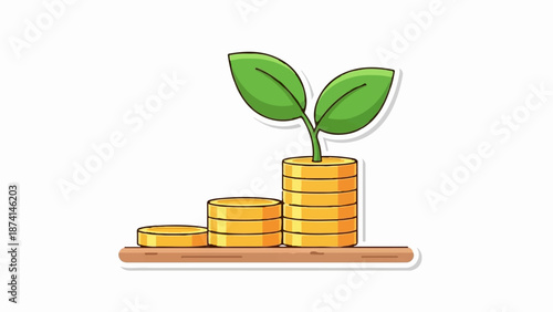 Stacks of gold coins growing a healthy green plant