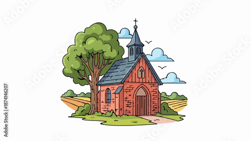 Small brick chapel with a tall steeple, surrounded by a large tree and fields
