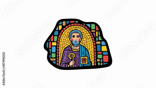 Stained glass mosaic depicts a man with blue hair and beard, holding a key