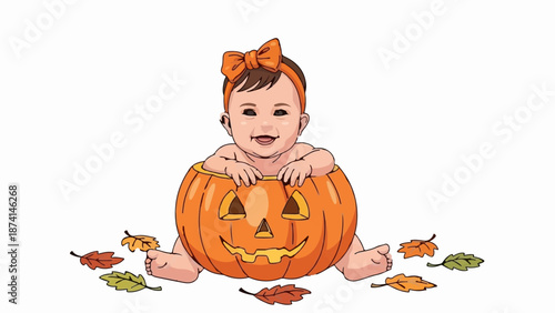 Smiling baby in a jack-o'-lantern with autumn leaves