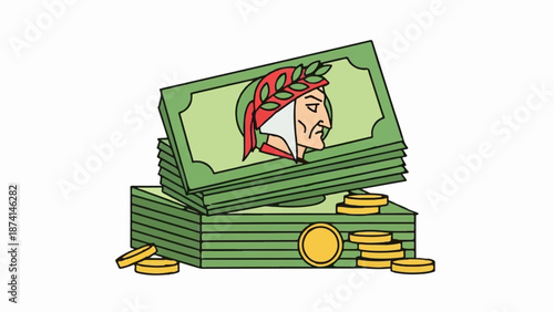 Stacks of green bills with a profiled illustration of a figure wearing a laurel wreath and red cap atop