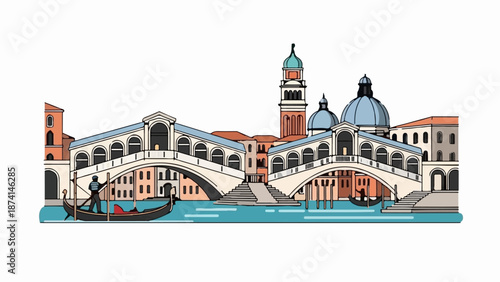 Stylized cityscape of Venice with iconic bridges and gondola on a canal
