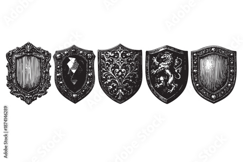 A collection of five intricately engraved shields and a decorative frame with a monochromatic black and white design, evoking a sense of historical grandeur and tradition.